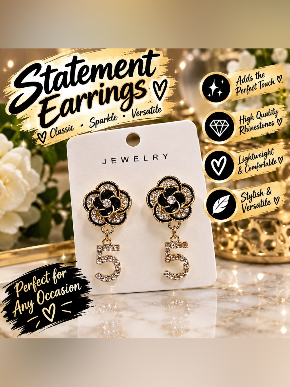 ✨ NEW ✨ Gold and Black Rhinestone Floral '5' Drop Earrings ✨